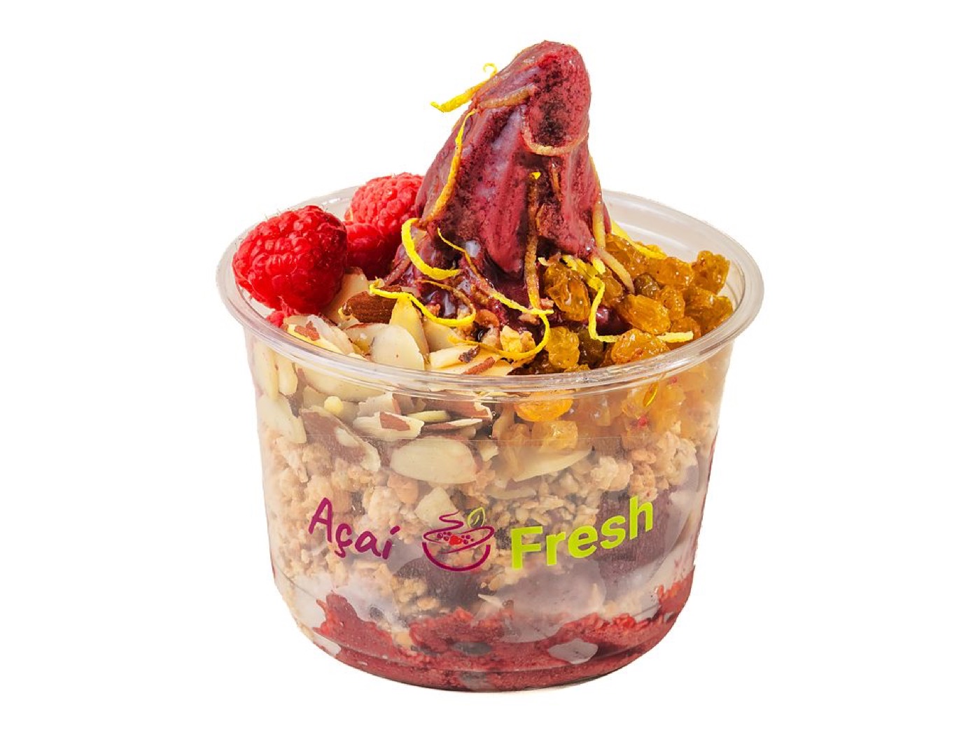 Aggie Bowl topped with raspberries, almonds, golden raisins