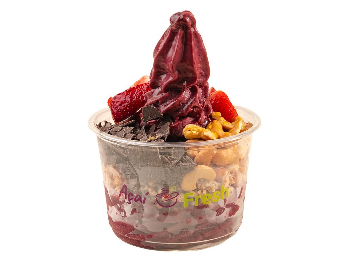 Full Moon Bowl topped with strawberries, shaved chocolate, cashews