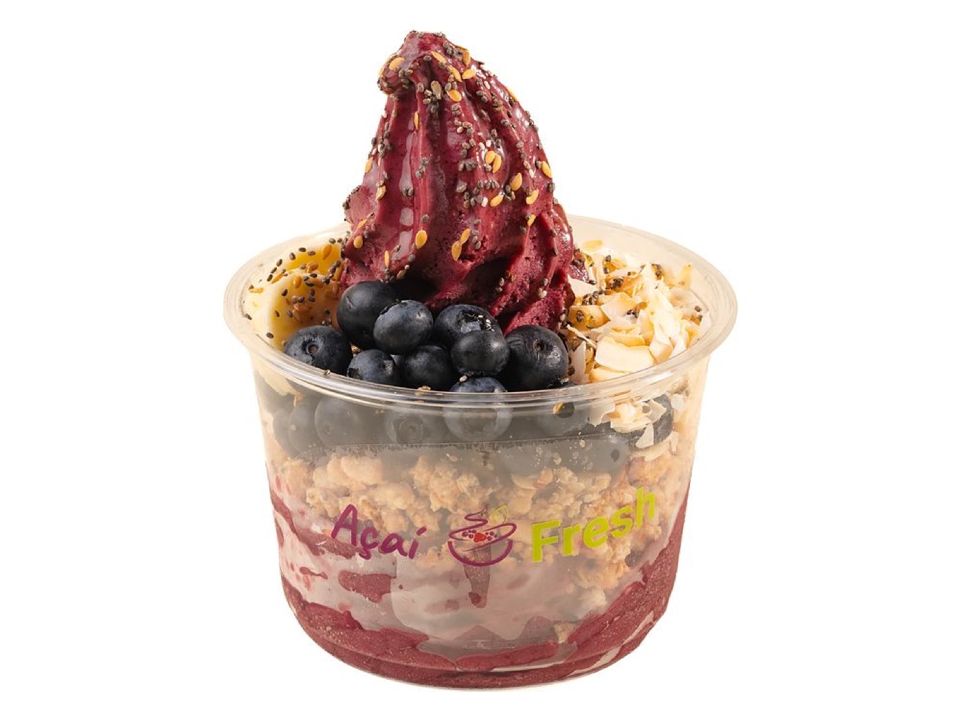 Healthy AF Bowl topped with blueberries, banana, toasted coconut
