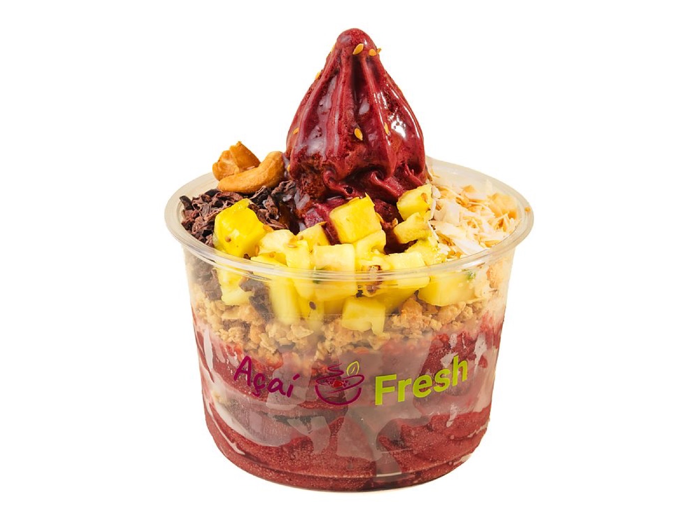 Paradise City Bowl topped with pineapple, cashews, cacao nibs