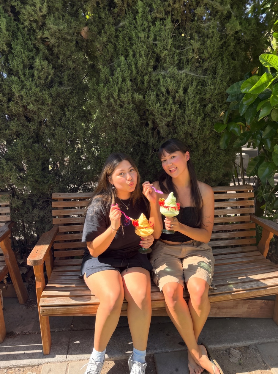 Two friends on a wooden bench holding swirled frozen yogurt sundaes